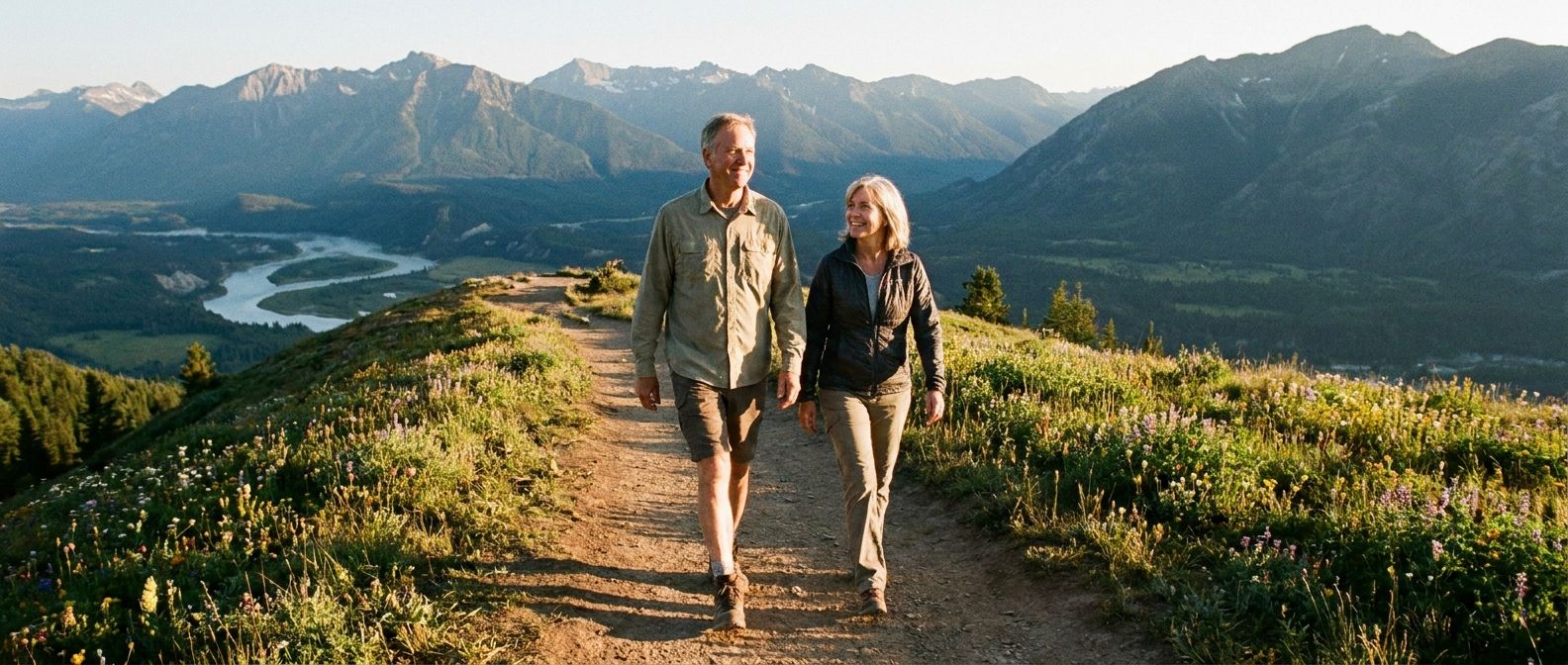 A wide, candid photograph of two people walking side-by-side on a beautiful, scenic path, their steps in sync, with a breathtaking natural landscape in the background. The warm sunlight casts long shadows, enhancing the sense of shared journey and harmonious movement.