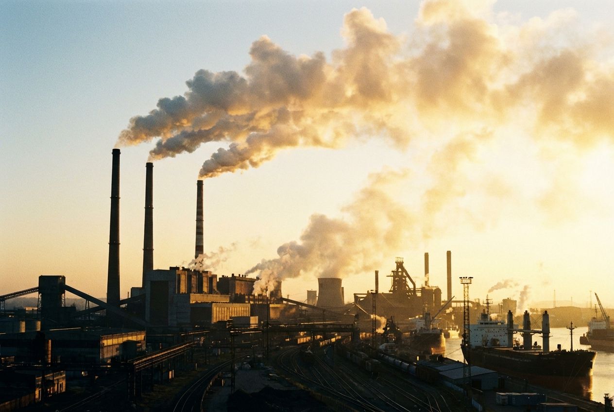 A dramatic wide-angle photograph of a sprawling industrial complex at dawn, with multiple towering smokestacks emitting plumes of smoke that catch the golden light, creating a powerful, almost ethereal haze against the emerging sky. The scene is composed for a 3:2 landscape frame, emphasizing both human activity and the vastness of the atmosphere.