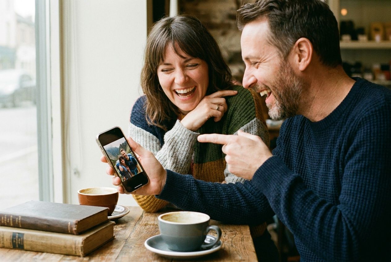 A warm, inviting close-up photograph of two friends laughing and reminiscing. One friend is holding a smartphone, showing a travel photo to the other, sparking a conversation about past experiences. Soft natural light illuminates their joyful expressions in a cozy cafe setting, composed for a 3:2 landscape.