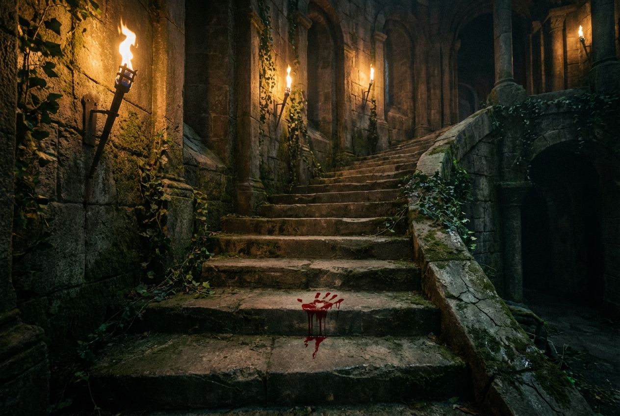 A wide angle shot of a weathered, ancient stone staircase in a castle, dimly lit by flickering torches, with a single, blood-red handprint smeared on one of the steps, symbolising Macbeth's descent into guilt and madness. The scene evokes a sense of tragedy and inescapable fate.