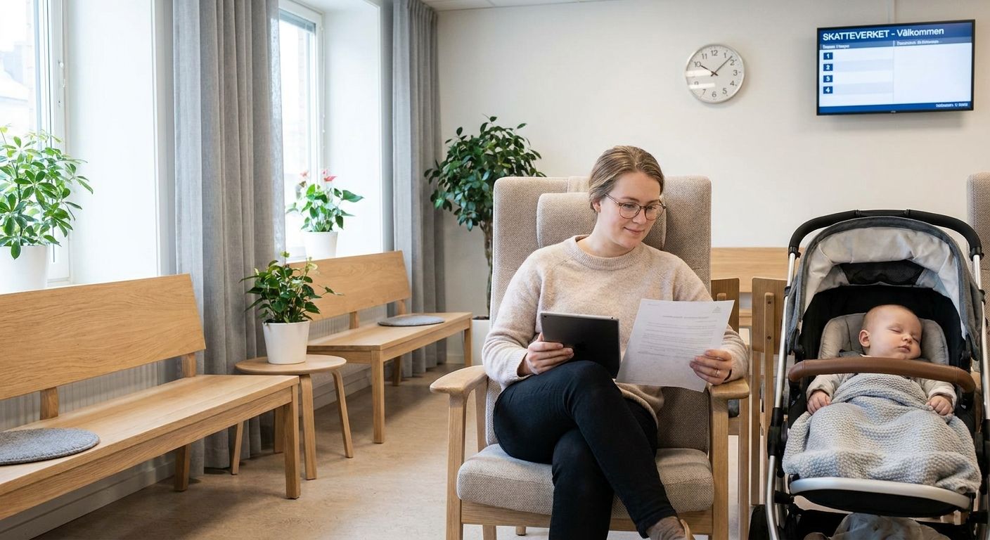 A warm, candid photograph of a young parent with a baby in a stroller, seated in a bright, minimalist waiting area of a modern Swedish public service office. The parent is looking at a digital screen or a document with a thoughtful expression, embodying the calm navigation of official processes and featuring subtle elements of Scandinavian design.