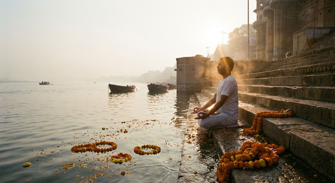 Capture an early morning scene at a ghat, a riverfront staircase. A serene atmosphere is key, with a hazy, golden light diffused across the composition. The foreground features a body of water with flower garlands floating on the surface.

On the right, depict stone steps leading up to a temple-like structure, and a man dressed in white meditating in a lotus position.  The sun is behind the man creating a subtle backlight. Also show some flower garlands on the steps. In the background, show boats on the water.  The overall color palette should be muted with golds, soft blues, and warm grays. Aim for a slightly desaturated, vintage photograph look.