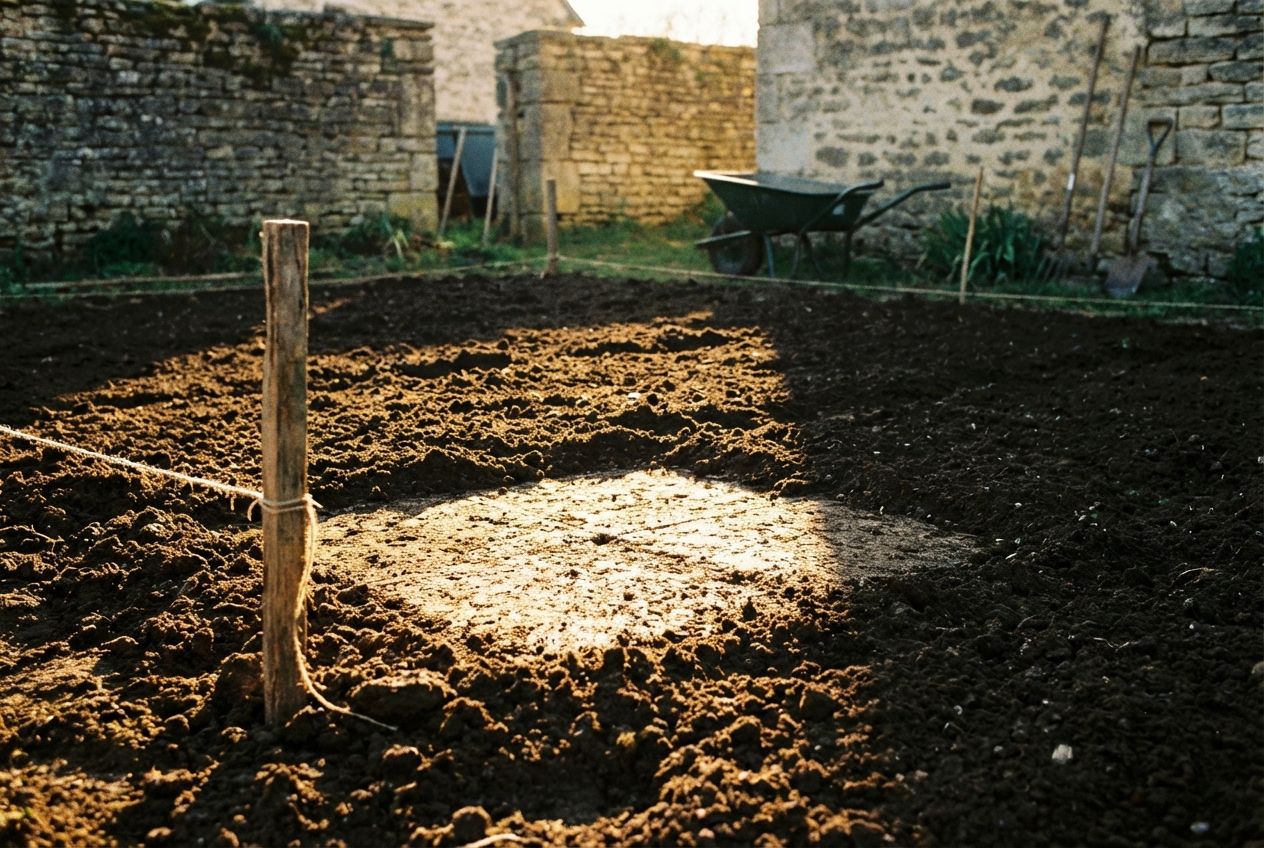 A sunlit, freshly tilled garden plot seen from a low angle, with a single, perfectly formed square section highlighted by brighter sunlight, ready for planting.