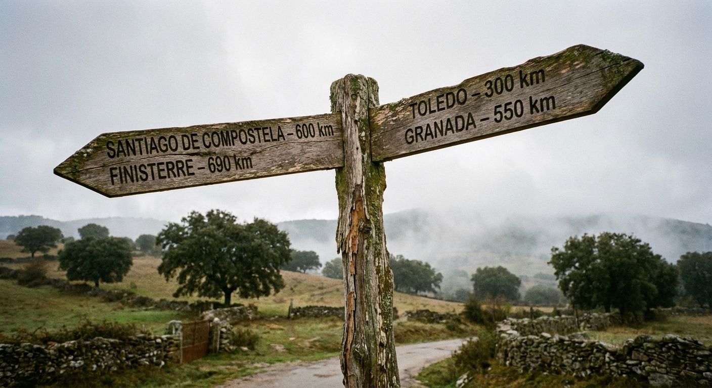 This image presents a weathered wooden signpost in a rural setting under an overcast sky. The signpost has two arms pointing in opposite directions, displaying place names and distances in kilometers. To the left are "Santiago de Compostela" and "Finisterre," and to the right are "Toledo" and "Granada." The wood is aged and slightly discolored, suggesting it has been exposed to the elements.

The background shows rolling hills, dotted with trees, a stone fence, and some mist. The overall color palette is muted, with greens, browns, and grays dominating. The composition places the signpost centrally, allowing it to be the focal point while the landscape provides a scenic backdrop. The style is naturalistic, capturing the rustic charm of the location.