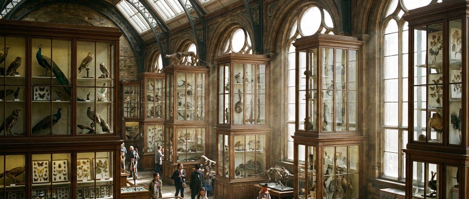 A dramatic wide-angle photograph inside a grand, old natural history museum, showcasing towering wooden display cabinets filled with an astonishing array of diverse biological specimens – from exotic birds and insects to fossils and botanical samples – all meticulously organized and illuminated by shafts of sunlight filtering through large windows.