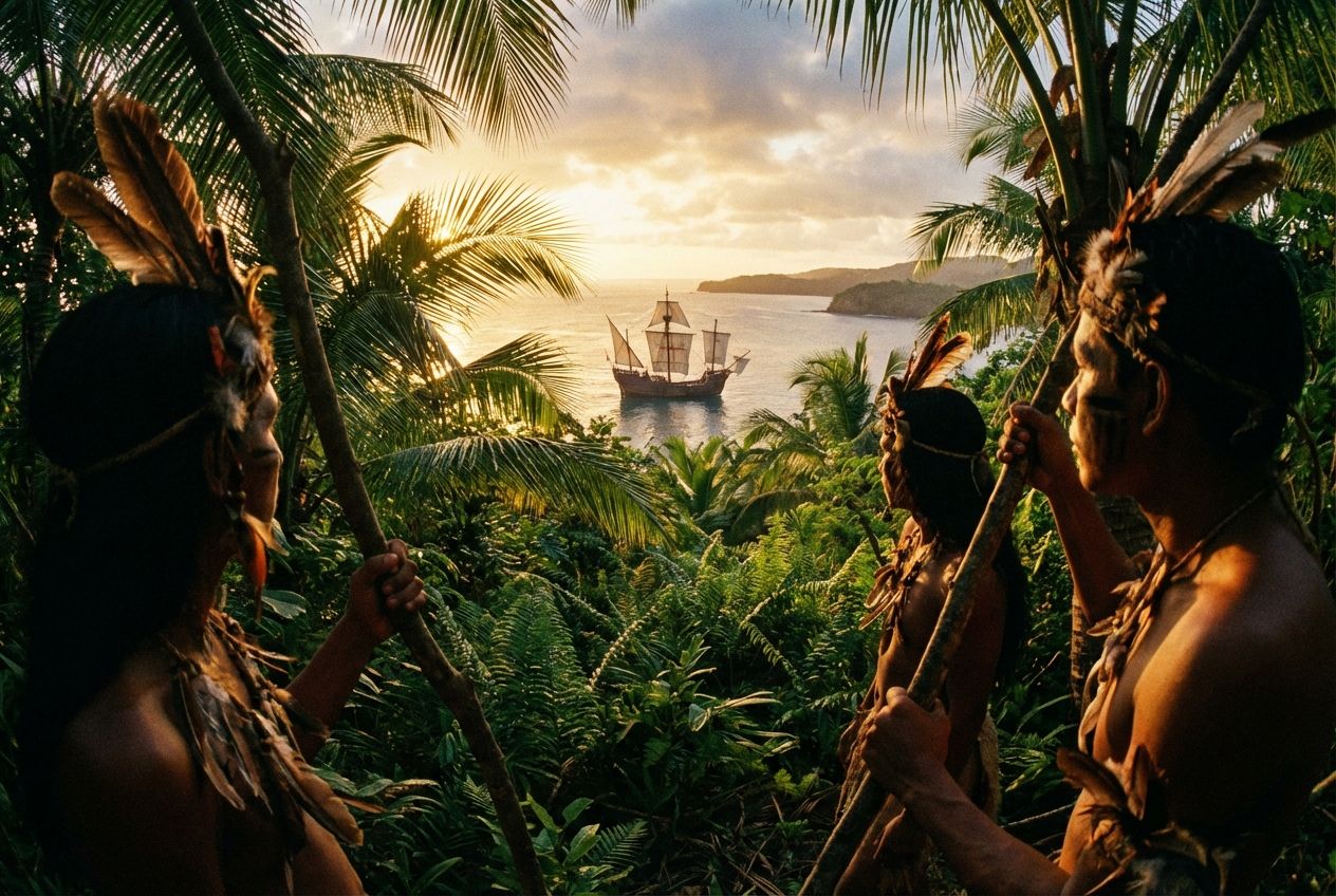 A dramatic wide-angle photograph from the perspective of indigenous Taino people, hidden amongst the dense, tropical foliage of a pristine Caribbean island. In the distance, a 15th-century Spanish caravel sails slowly towards the shore under a dramatic, golden dawn sky. The scene captures a moment of quiet observation and the dawn of a new era, composed for a 3:2 landscape frame.