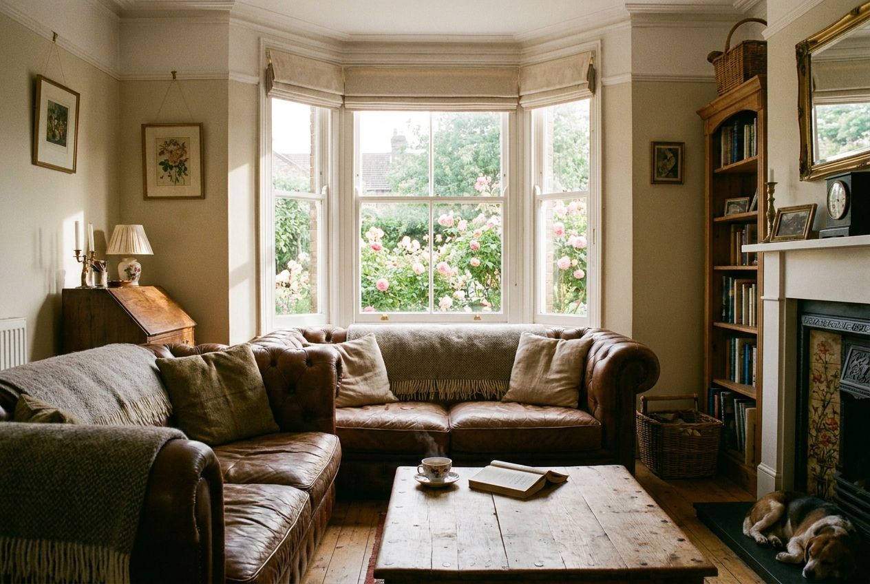 A warm, inviting photograph of a quintessential British living room, bathed in soft afternoon light. A comfortable Chesterfield sofa dominates the foreground, with a teacup and a novel resting on a wooden coffee table. Through a large bay window, a glimpse of a manicured garden with blooming roses is visible, all composed for a 3:2 landscape frame.