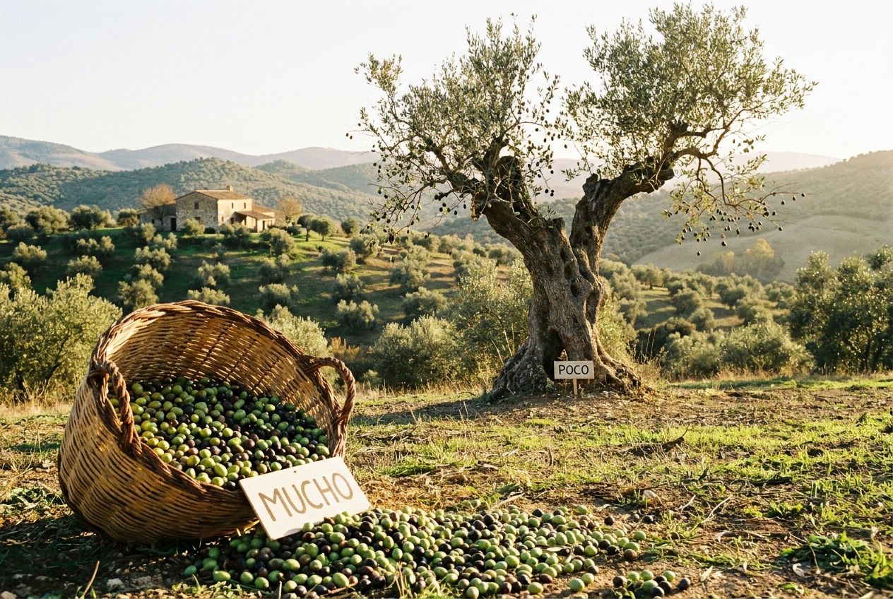 A sun-drenched, sprawling olive grove in Andalusia, with a woven basket overflowing with freshly picked green and black olives in the foreground, conveying a sense of 'mucho'. In the mid-ground, a single ancient olive tree stands with only a few scattered olives visible on its branches, subtly representing 'poco', all captured in a vibrant 3:2 landscape photograph.