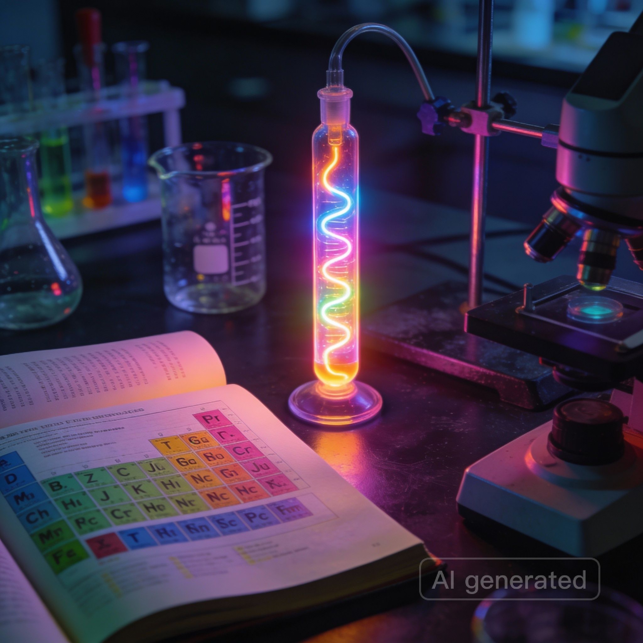 A glowing ampule of neon gas on a laboratory bench, next to beakers and scientific instruments, with a textbook open to a page detailing the periodic table. Focus on the vibrant, otherworldly light emitted by the neon.
