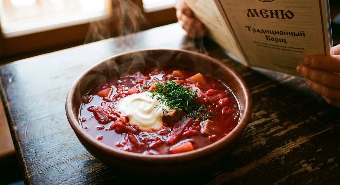 A top-down close-up photograph of a vibrant, steaming bowl of traditional Russian borsch, garnished with a swirl of sour cream and fresh dill, resting on a dark wooden table in a cozy restaurant. In the soft-focus background, a hand holds a menu with subtle Cyrillic text, catching warm, inviting light.