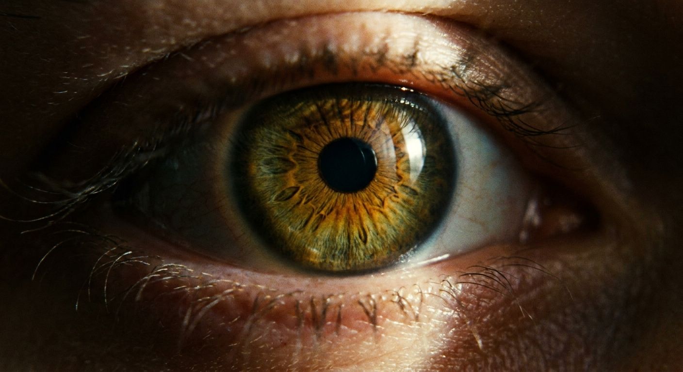 An extreme close-up, cinematic photograph of a human eye, with a subtle, dramatic beam of light catching the pupil and revealing the intricate textures of the iris. The lighting creates a sense of depth and focus, highlighting the eye's natural beauty and complexity.