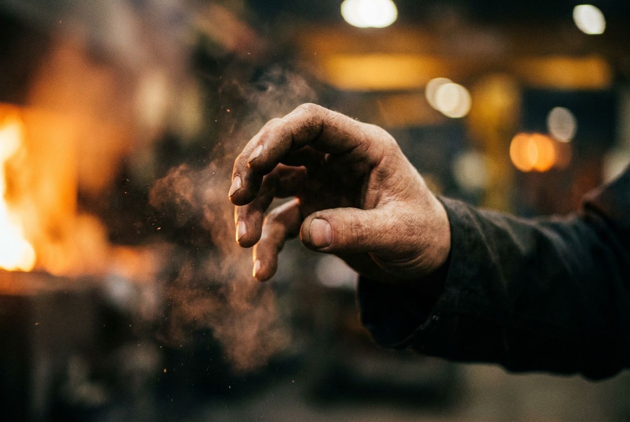 A dramatic, extreme close-up photograph of a human hand in sharp focus, quickly recoiling and pulling away from an intensely glowing, hot-looking object just out of frame. The motion is captured mid-action, emphasizing the rapid, protective reflex, with a blurred background suggesting a sudden, urgent response. 3:2 landscape aspect ratio.