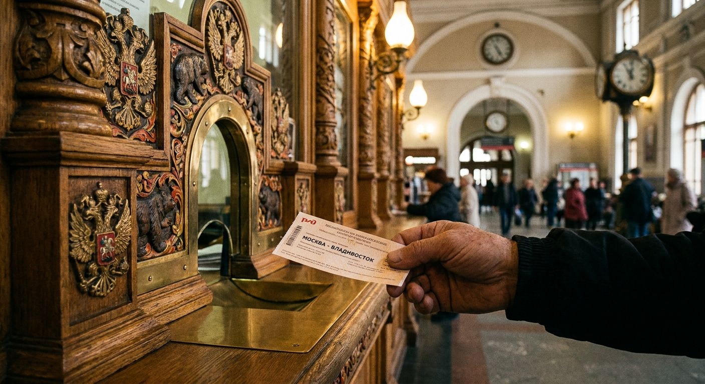 A close-up, low-angle shot of a hand receiving a train ticket from a traditional, ornate Russian train station ticket counter, with soft, ambient light illuminating the tactile details of the ticket and a blurred background of the bustling station.