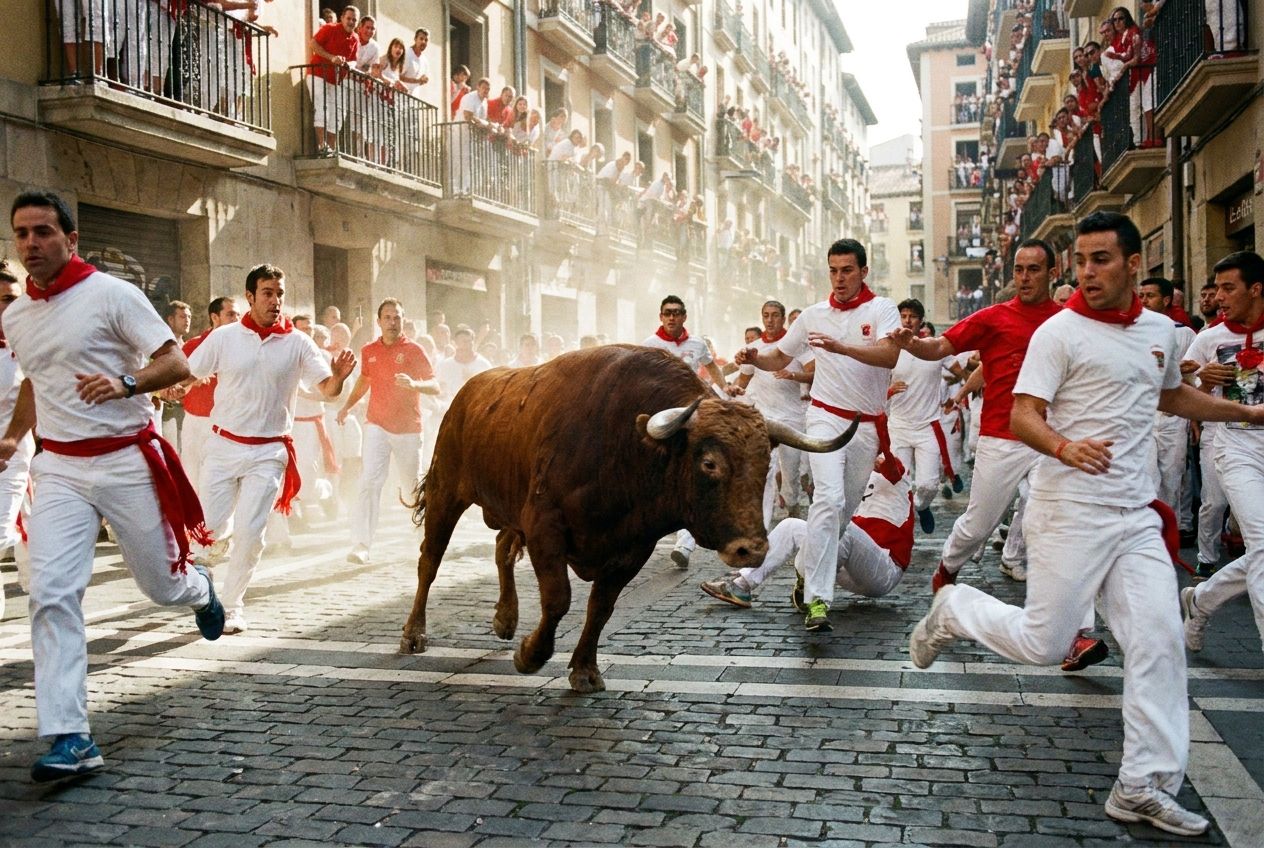 A dramatic, high-energy photograph capturing the iconic running of the bulls during the San Fermín festival in Pamplona, Spain. The image features a bull charging through a narrow street filled with runners in traditional white and red attire, with blurred motion conveying speed and excitement, composed for a 3:2 landscape frame.