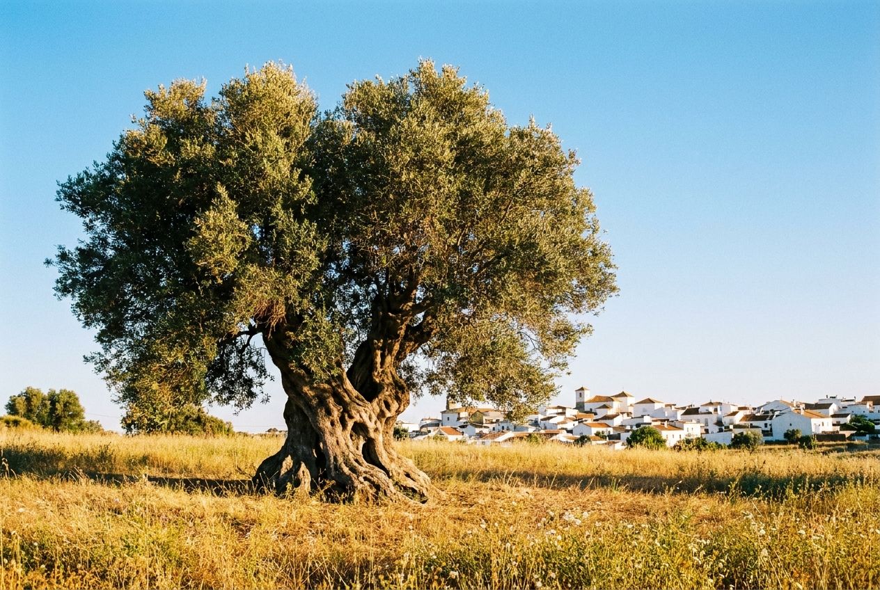 A majestic, ancient olive tree with a thick, gnarled trunk stands alone in a sun-drenched Spanish field, its branches reaching wide, symbolizing generations and deep roots. In the far background, a traditional white-washed Spanish village nestles under a clear blue sky, captured in a vivid 3:2 landscape photograph.