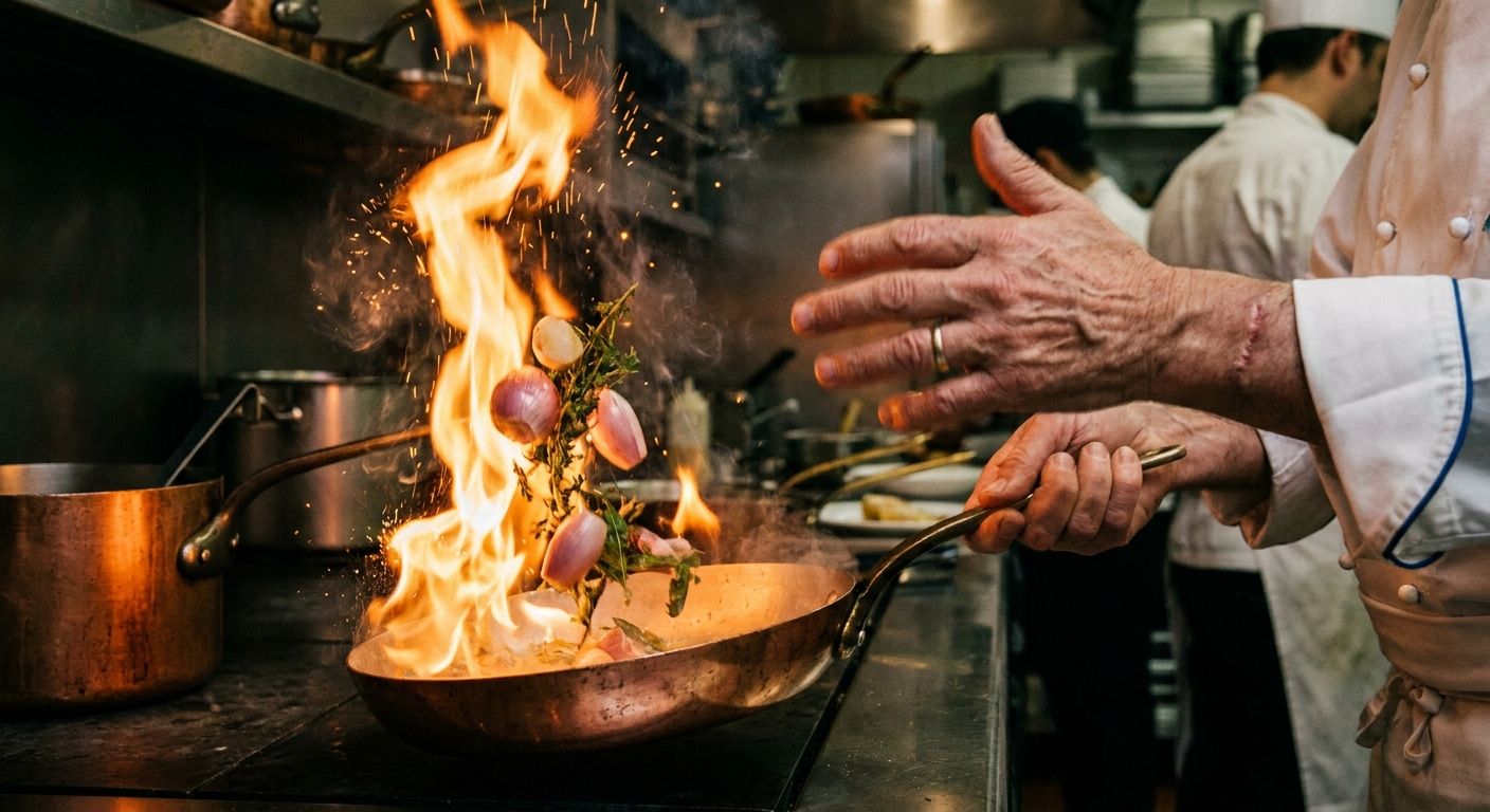 A dramatic, close-up photograph of a French chef's hands expertly tossing ingredients in a flaming pan (flambéing), with vibrant sparks and dynamic motion blur. The focus is on the precise, energetic action against the warm glow of the flames in a dimly lit, professional kitchen.