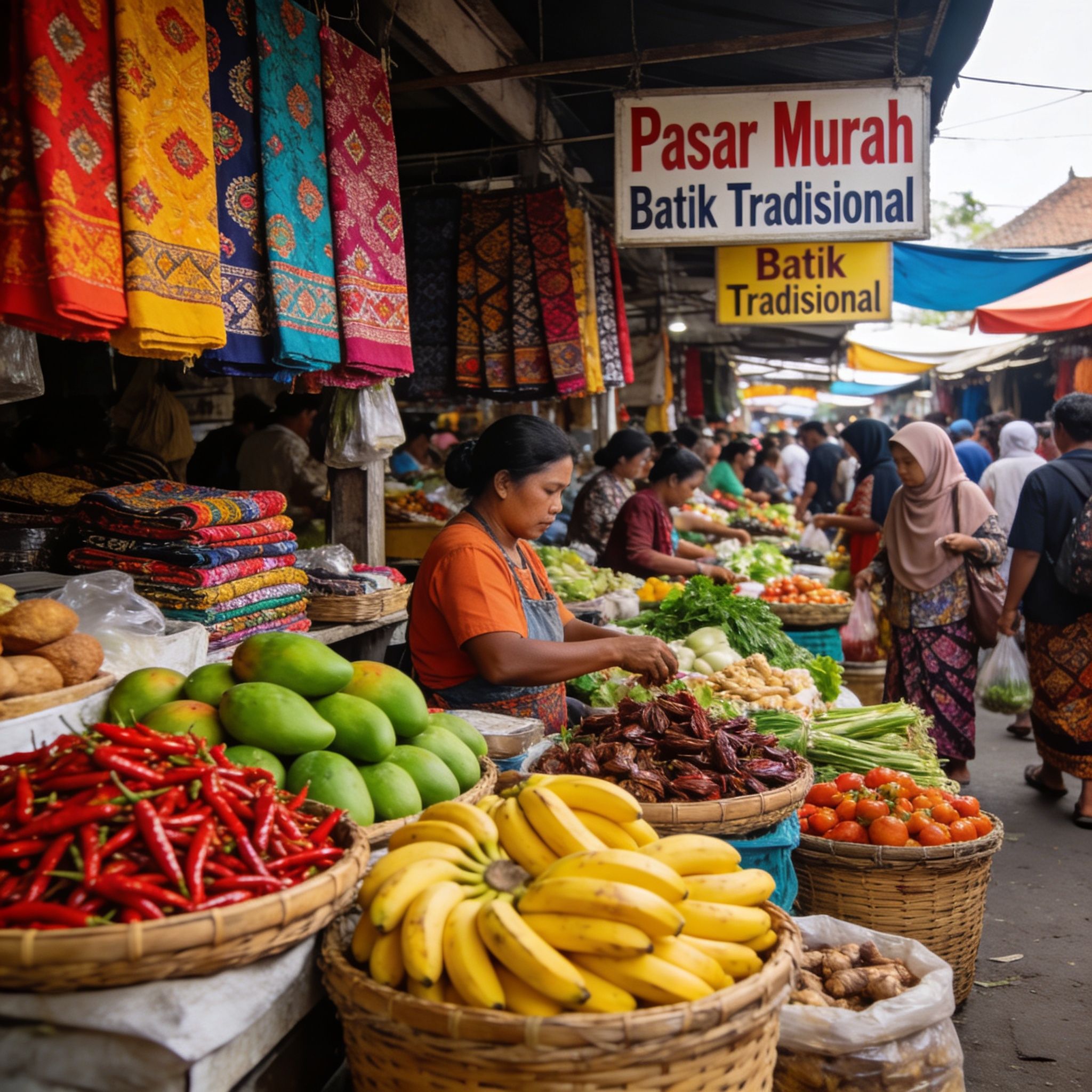 A busy Indonesian marketplace, shot at eye-level, with signs in Indonesian script hanging above the stalls. Focus on the vibrant colors of the produce and textiles.