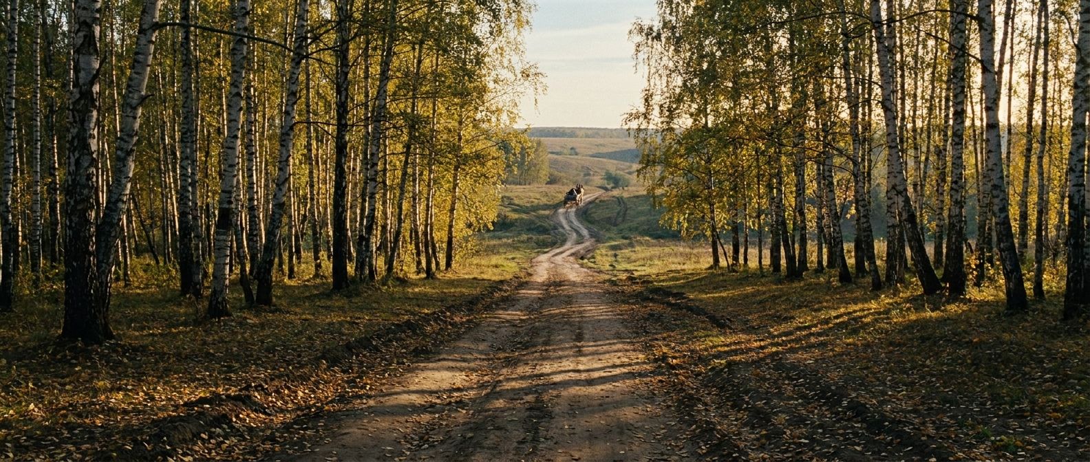 A wide, cinematic photograph of a long, winding dirt path cutting through a dense, sun-dappled birch forest in rural Russia. The path recedes into the distance under a vast, clear sky, with the warm golden light of late afternoon casting long shadows, symbolizing the passage of days and weeks.