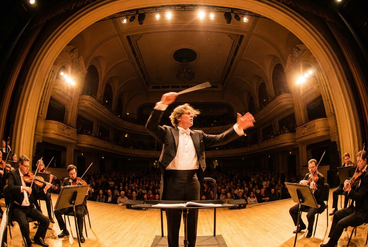 A dynamic, wide-angle photograph of an orchestra conductor, seen from a low perspective, passionately leading their musicians. Their hands are in motion, conveying precise direction and strategic coordination, symbolizing the profound philosophy and mastery required for complex systems. The scene is illuminated with warm, dramatic stage lighting, highlighting the intensity and collaborative energy in a 3:2 landscape frame.