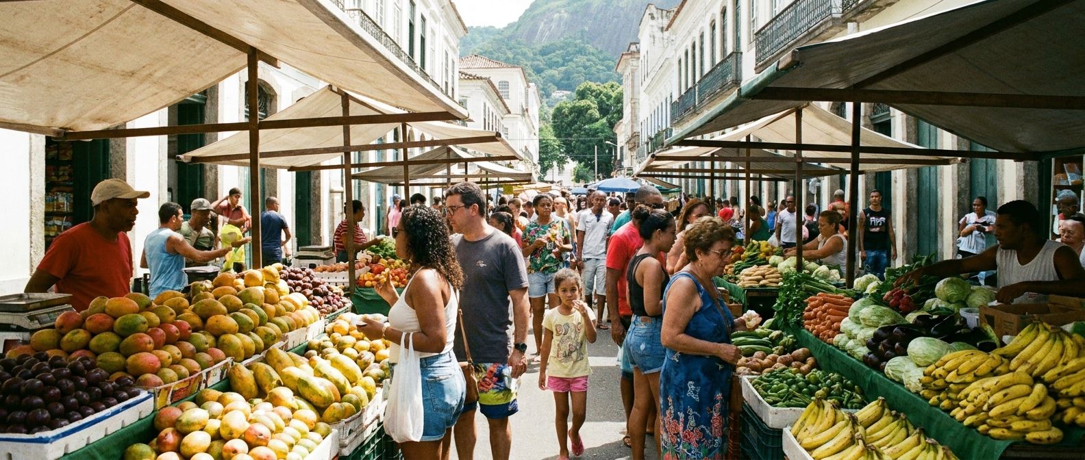 A vibrant, bustling street market (feira livre) in a Brazilian city, filled with diverse people, colorful fresh fruits, and local vendors interacting. Sunlight filters through the stalls, highlighting the abundance and lively energy of the scene in a wide, horizontal photograph.