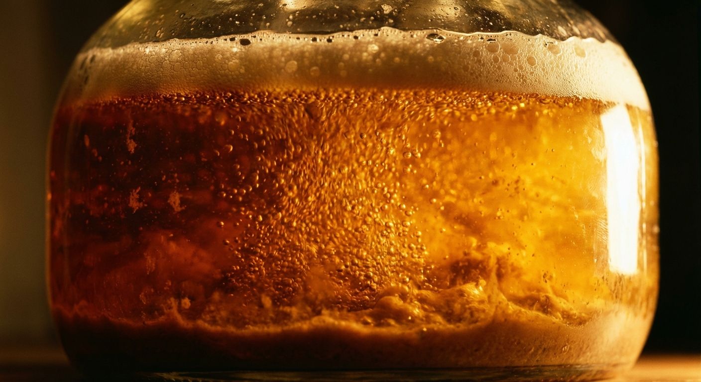 A dramatic, close-up photograph of a deep amber liquid actively fermenting inside a large glass carboy, with a cascade of small bubbles rising vigorously to the surface. The scene is bathed in warm, golden light, highlighting the organic transformation within.