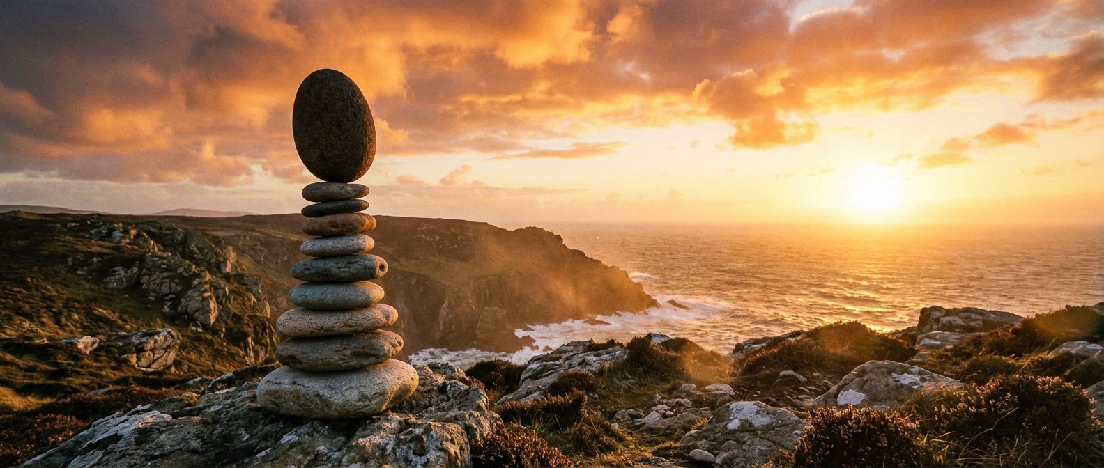 A meticulously balanced cairn of smooth, weathered stones, standing tall on a rugged, windswept coastal clifftop at sunset. Each stone is perfectly placed, symbolizing a well-structured argument and balanced evidence, with the top stone representing a crucial final judgement. The scene is dramatic and expansive, captured in a wide, horizontal shot with warm, golden light.