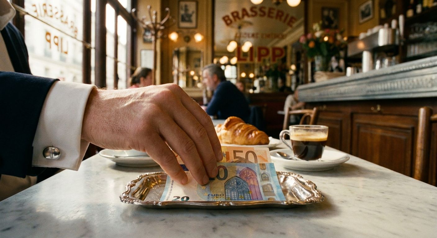 A close-up, elegant photograph capturing a customer's hand placing crisp euro banknotes onto a small, silver bill tray at a classic Parisian bistro. The scene is bathed in soft, warm lighting, with a blurred background showing the charming vintage decor and other diners, evoking a sophisticated French dining experience.
