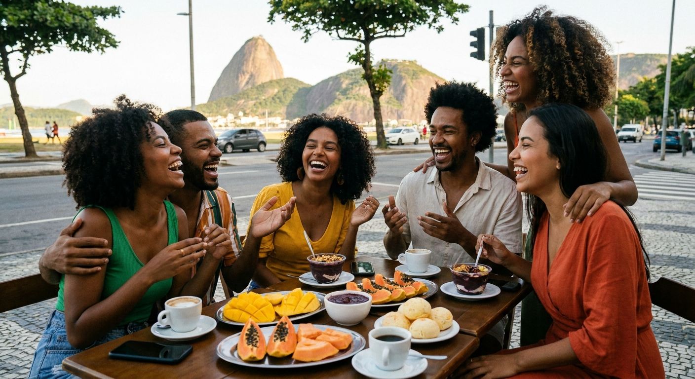 A vibrant, candid photograph of a group of Brazilian friends laughing and sharing a lively lunch at an outdoor cafe in Rio de Janeiro, with plates of colorful fresh fruit, bread, and cups of coffee on the table, bathed in warm, natural light.