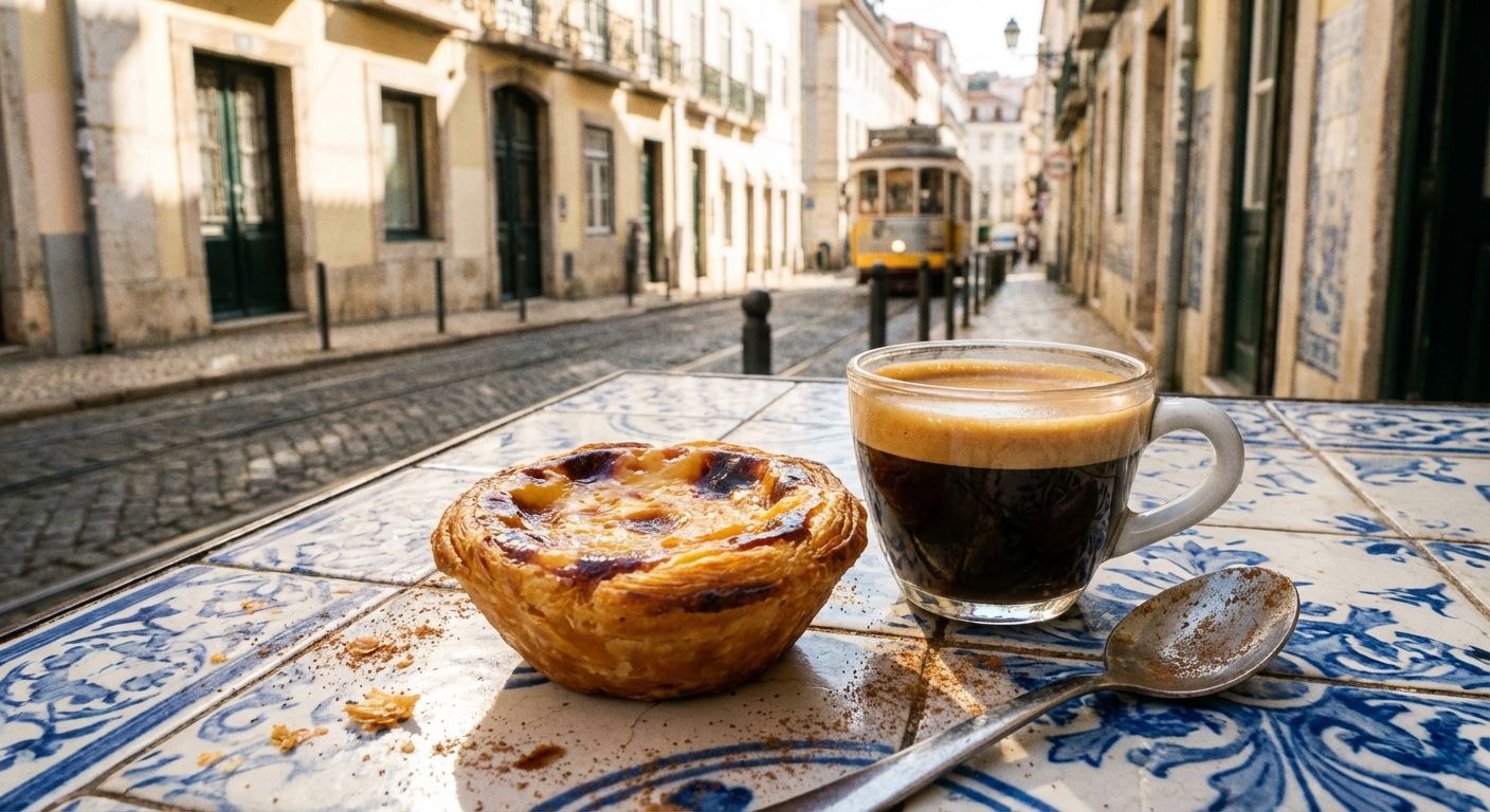 A close-up photograph of a golden, flaky pastel de nata and a small cup of espresso resting on a sun-drenched table made of blue and white azulejo tiles. The scene is bathed in the warm, soft morning light of a narrow Lisbon street, evoking a sense of a welcoming daily ritual.