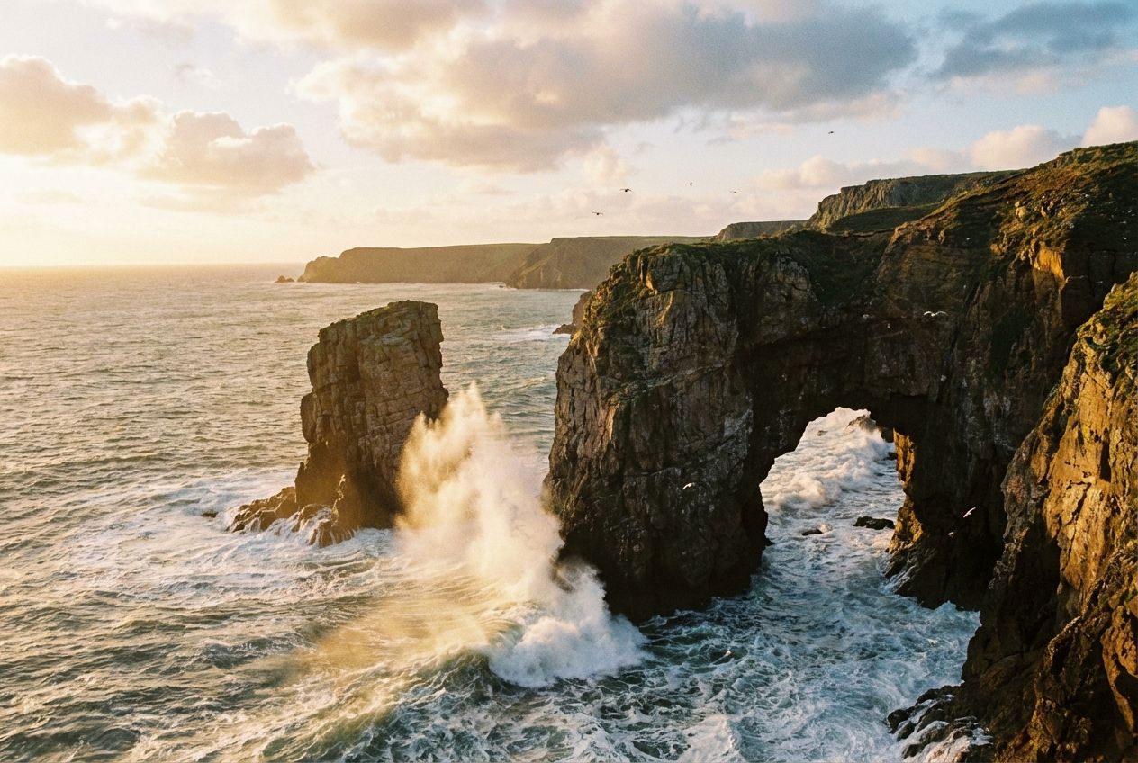 A stunning 3:2 landscape photograph of a rugged British coastline at golden hour, featuring a prominent sea arch or stack carved into a headland. Powerful waves crash against the rock formations, sending spray high into the air, emphasizing the dynamic processes of coastal erosion and landform creation.
