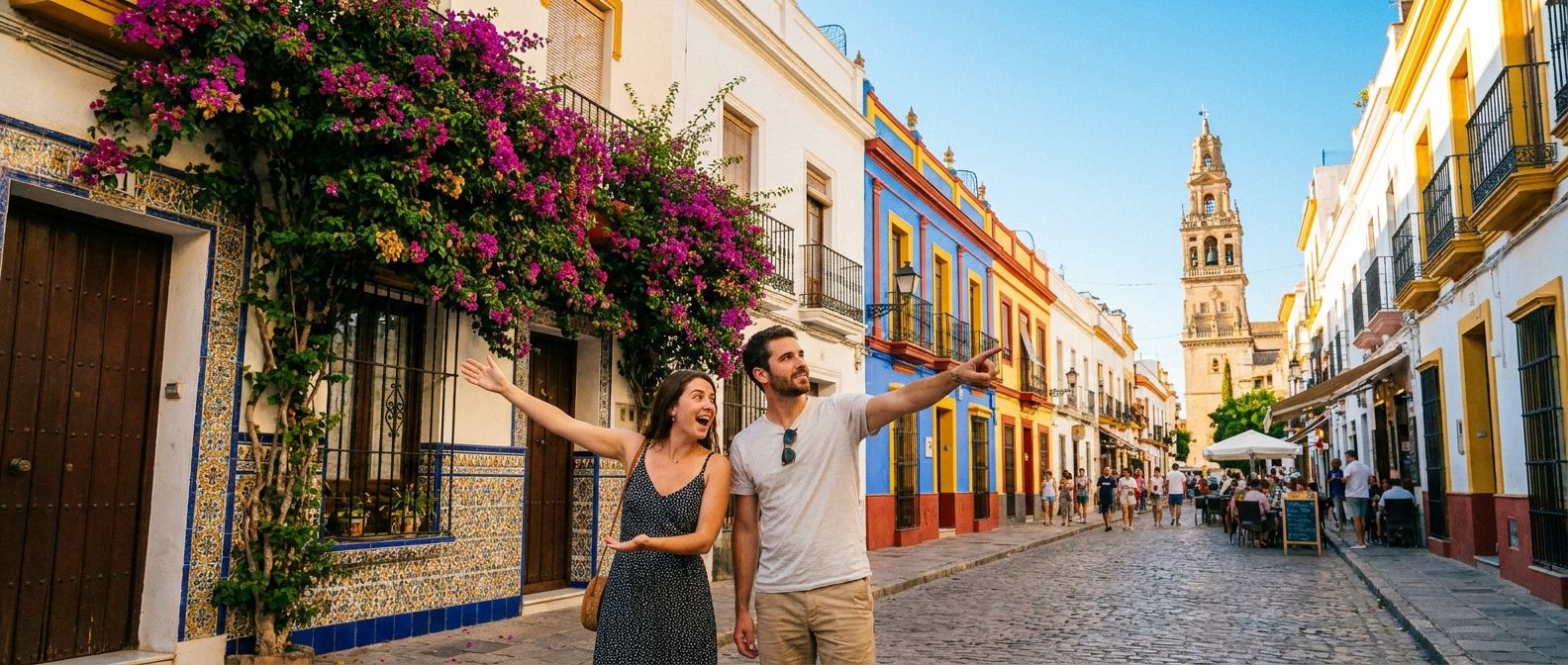A wide-angle, vivid photograph capturing two people on a charming cobblestone street in a historic Spanish town. One person gestures towards a beautifully adorned house right next to them, while the other points to a distinct, colorful house further down the street, and both gaze at a historic church tower visible far in the distance against a clear blue sky, illustrating varying distances. The scene is bathed in warm, natural light.