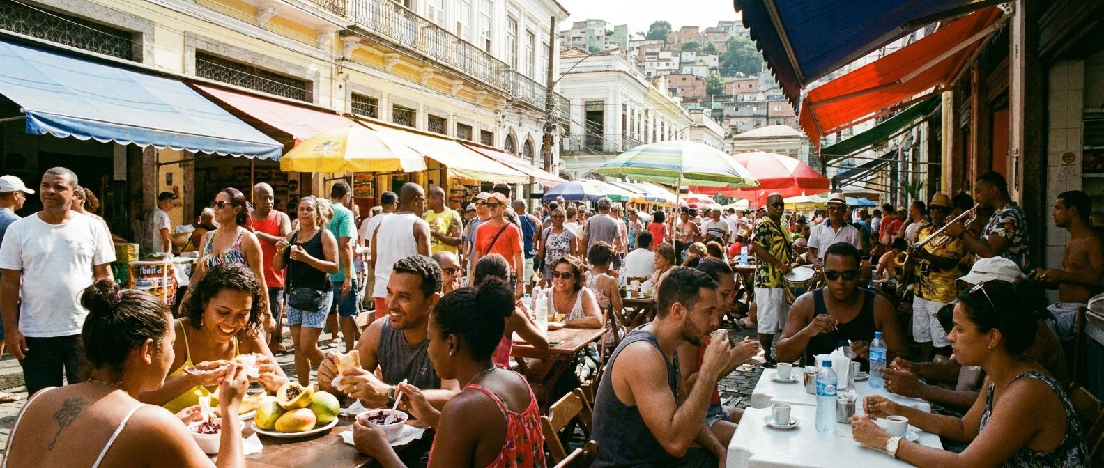 A wide-angle photograph of a bustling, sun-drenched outdoor market in a Brazilian city. Locals are seen animatedly interacting, some enjoying vibrant tropical fruits and fresh bread, while others sip coffee or mineral water. The scene captures the lively essence of daily Brazilian life with natural light.