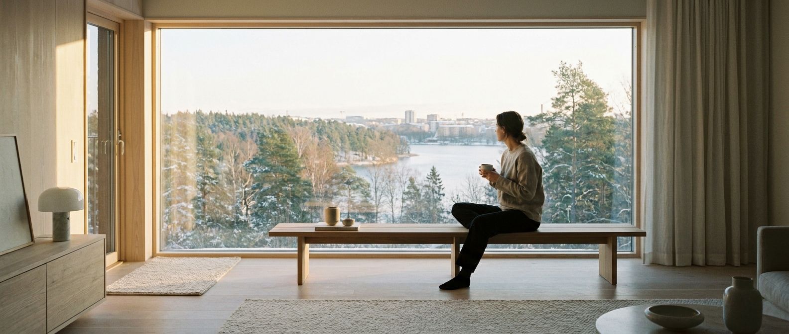 A wide shot of a person sitting by a large window in a modern, minimalist Swedish apartment, gently illuminated by soft morning light. They are holding a cup of coffee, looking out at a calm urban or natural landscape as the day begins, evoking a peaceful, contemplative start to a daily routine.
