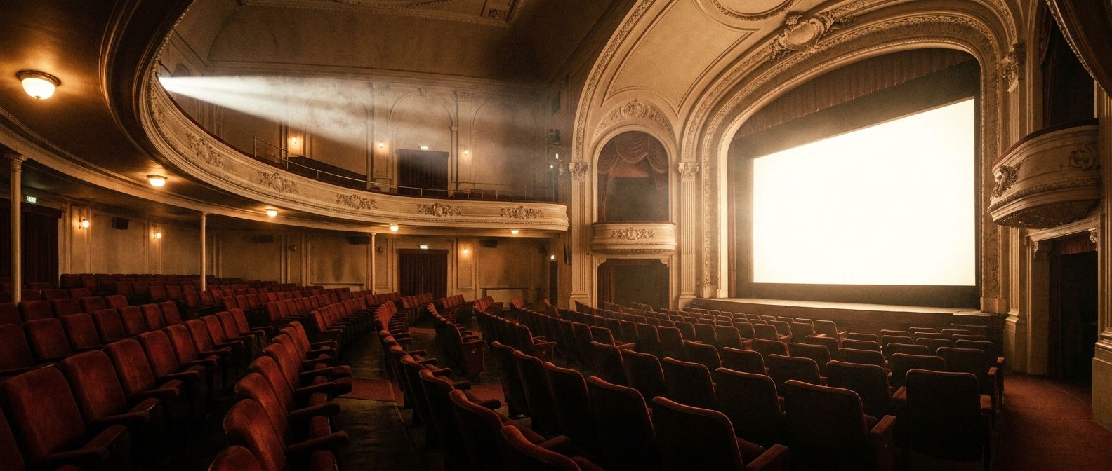 A dramatic, wide-angle photograph of a beautiful, empty vintage cinema hall. The large, velvet seats are vacant, and the projector light shines onto a completely blank screen, creating a strong sense of absence and unfulfilled viewing, bathed in soft, nostalgic lighting.