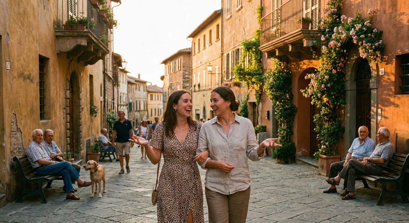 A vibrant, candid photograph of two friends or family members enjoying a 'passeggiata' through a charming, historic Italian town at golden hour. They are smiling, gesturing animatedly, and deeply engaged in conversation as they stroll down a cobblestone street, framed by warm-toned ancient buildings. The scene evokes genuine connection and lively social interaction in a picturesque Italian setting.