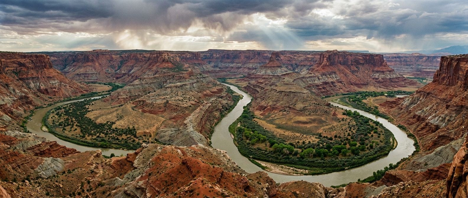 A dramatic wide-angle landscape photograph of a powerful, winding river cutting through a diverse terrain, revealing distinct geological strata and varied vegetation zones under a dynamic, cloud-streaked sky.