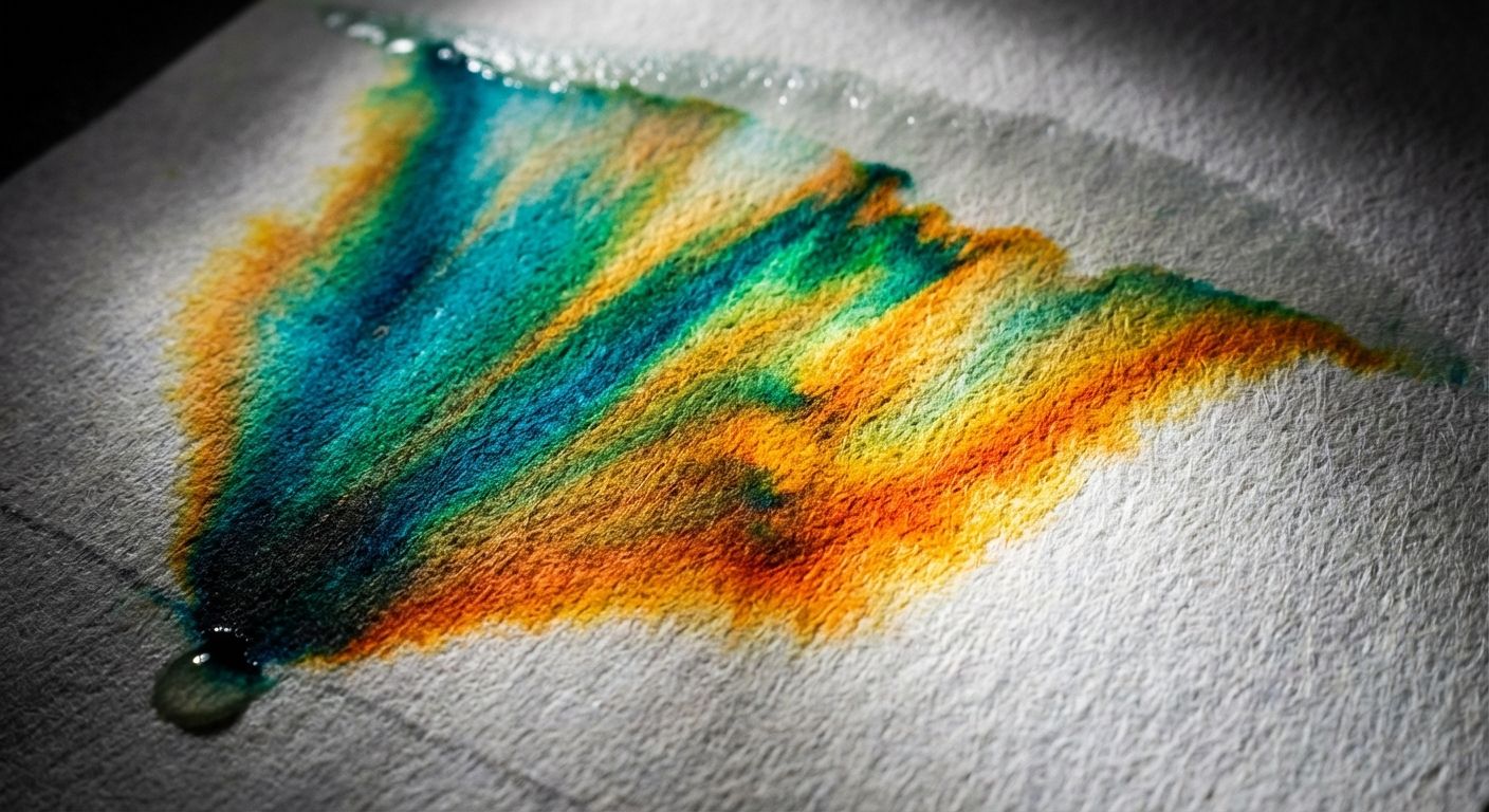 A dramatic macro photograph capturing the vivid separation of a dark ink spot into distinct, vibrant bands of color on chromatography paper. The solvent front is visible, and the colors fan out beautifully across the paper's fibrous texture, under bright, focused studio lighting.