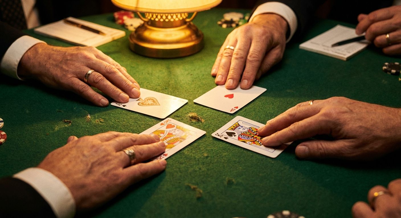A dramatic, close-up photograph captures four hands from different players simultaneously laying cards onto a green felt bridge table, forming a completed trick. High-ranking cards like Aces and Kings from the major suits (Spades and Hearts) are clearly visible, bathed in warm, inviting light that emphasizes the intensity of the game.