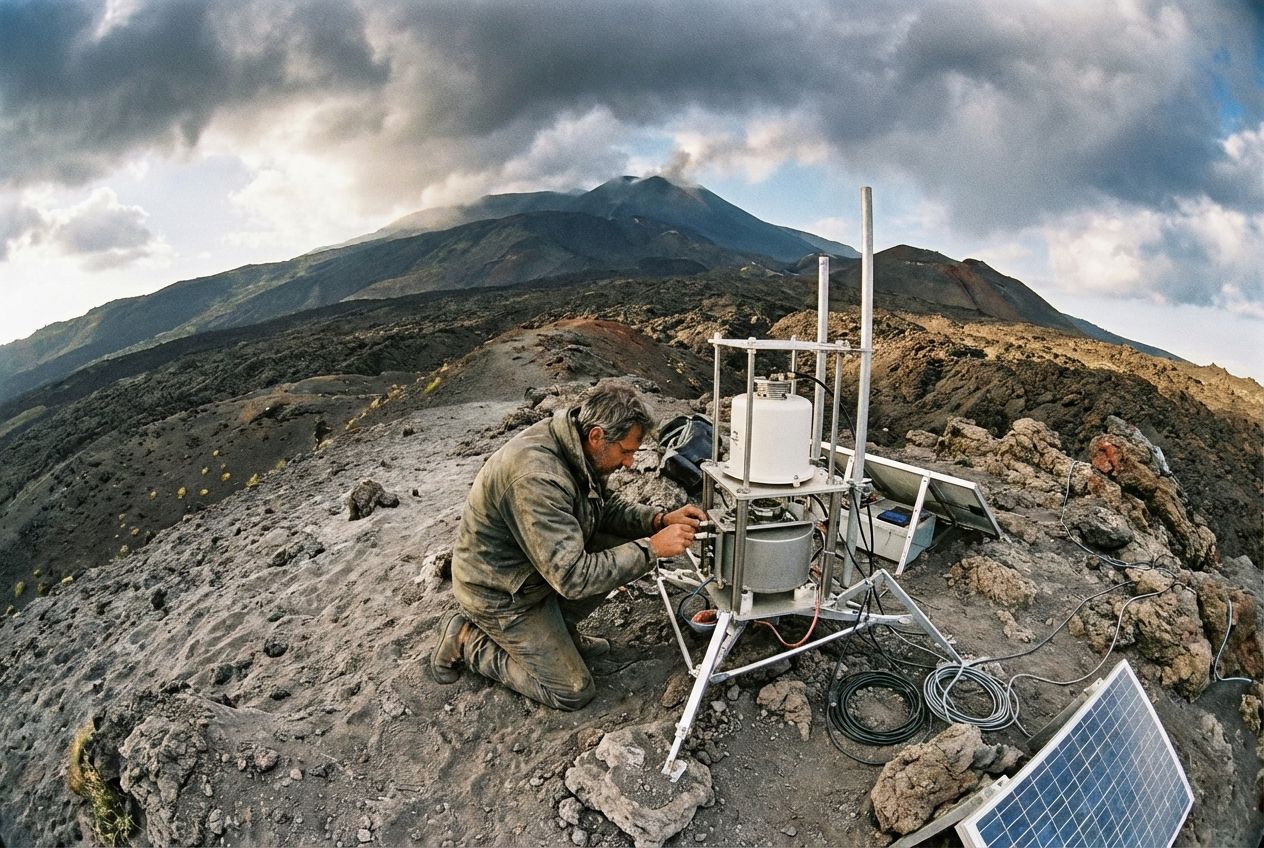 A dramatic wide-angle photograph of a scientist meticulously adjusting a seismometer or tiltmeter on a rugged volcanic slope, with a distant, subtly smoking volcano under a dynamic, cloud-filled sky. The scene captures human ingenuity in monitoring powerful natural forces, composed for a 3:2 landscape frame.