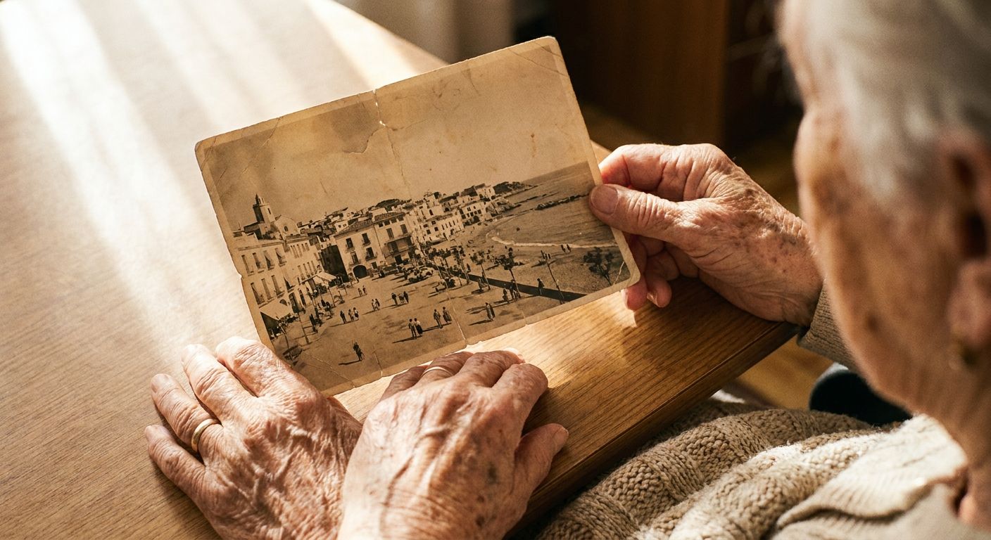 A close-up, high-angle photograph of an older man or woman's weathered hands, gently holding a faded, sepia-toned photograph of a vibrant Spanish plaza or a scenic coastal town. Soft, warm sunlight streams from the side, highlighting the textures of the hands and the vintage photo, evoking a strong sense of nostalgia and cherished memories.