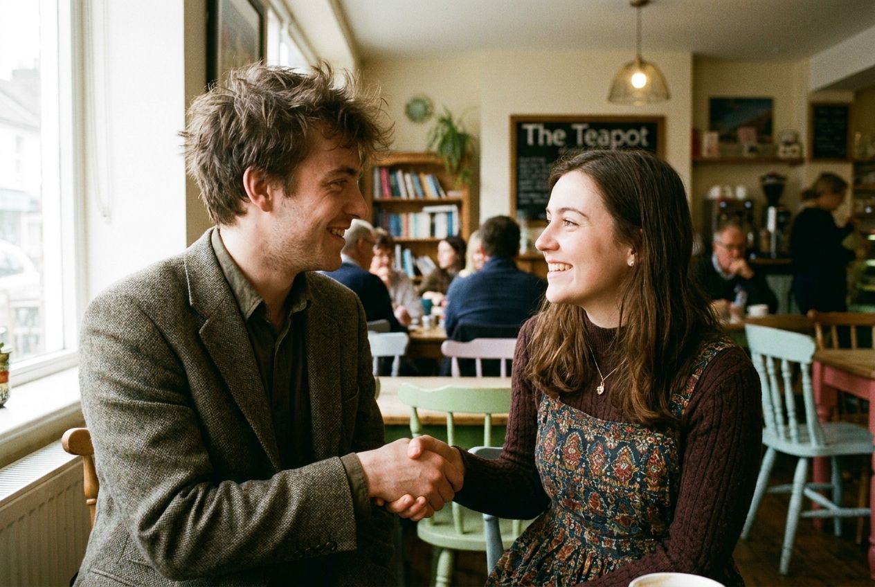 A candid photograph of two young adults, a man and a woman, smiling warmly and shaking hands in a cozy British cafe, signifying a new introduction. Soft natural light illuminates their faces, with the background gently blurred to hint at typical UK decor and a lively atmosphere, composed for a 3:2 landscape frame.