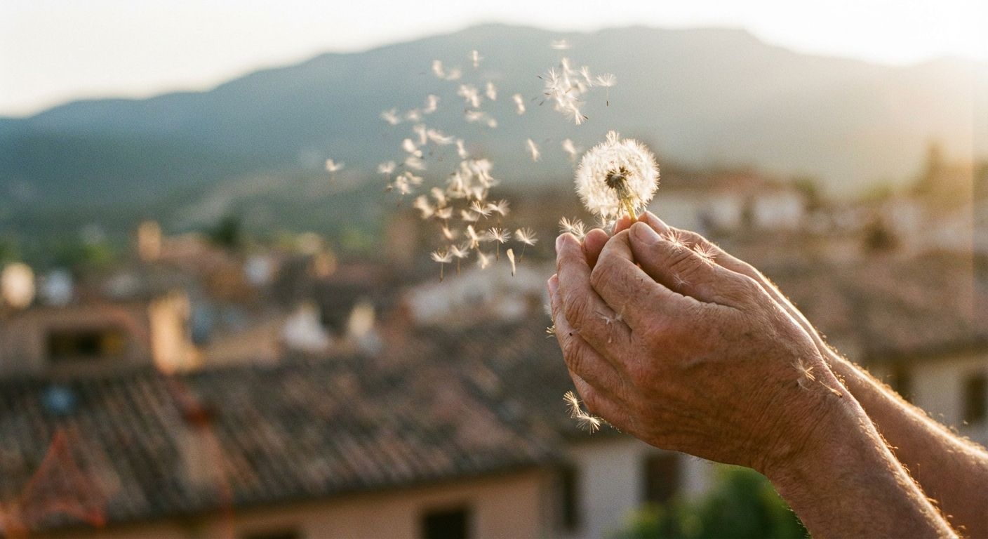 A close-up, artistic photograph of a person's hands gently releasing a handful of dandelion seeds into the air, illuminated by warm, golden hour light. The background is a soft, dreamlike blur of an ancient Spanish town's rooftops and a distant, hazy mountain range, conveying a sense of hope and possibility.