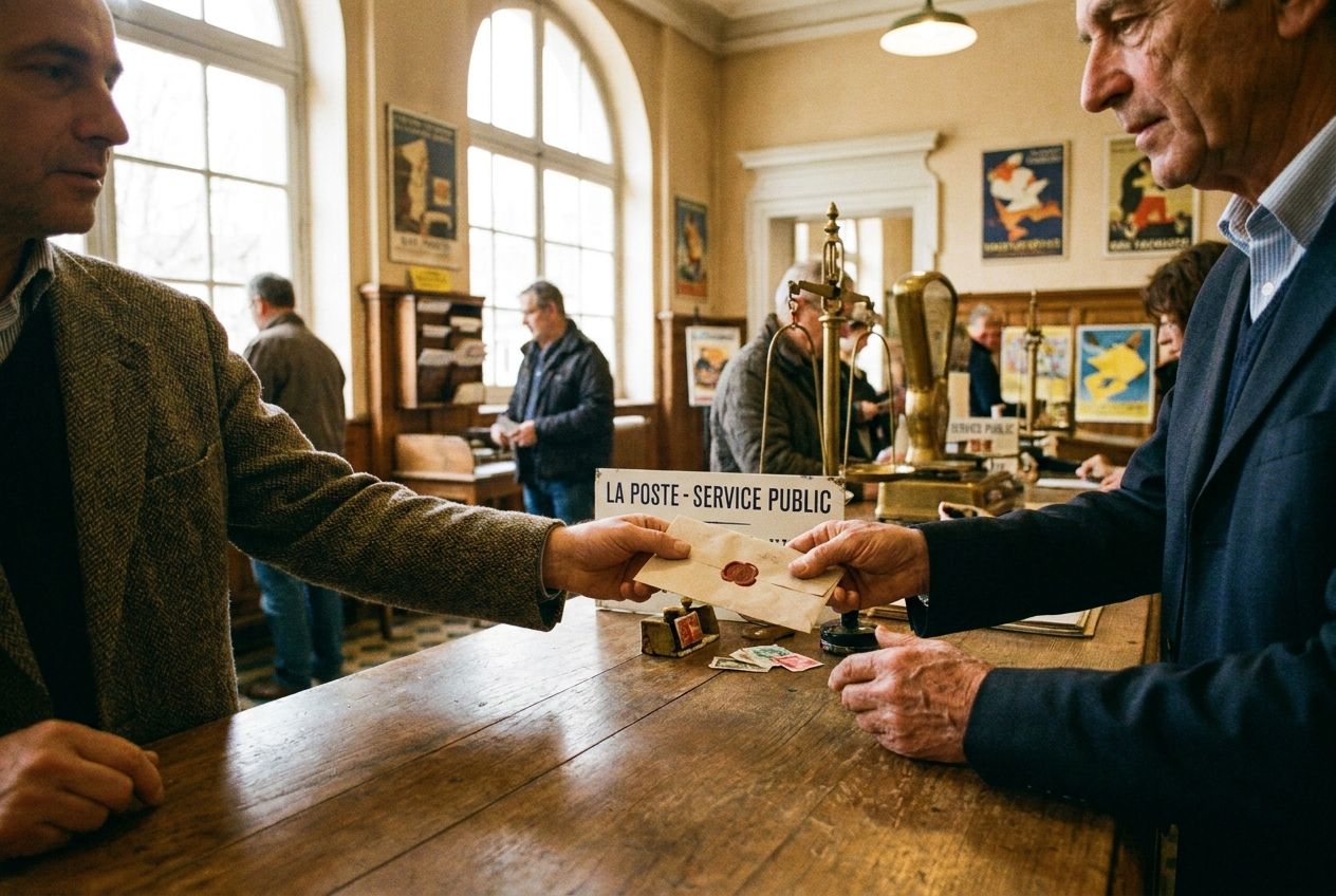 A warm, inviting shot inside a classic French post office, focusing on a beautifully aged wooden counter where a customer's hands are receiving a stamped letter or a small parcel from a postal worker. The scene is bathed in soft, natural light, capturing the quiet elegance and everyday activity of a French city service, composed for a 3:2 landscape frame.