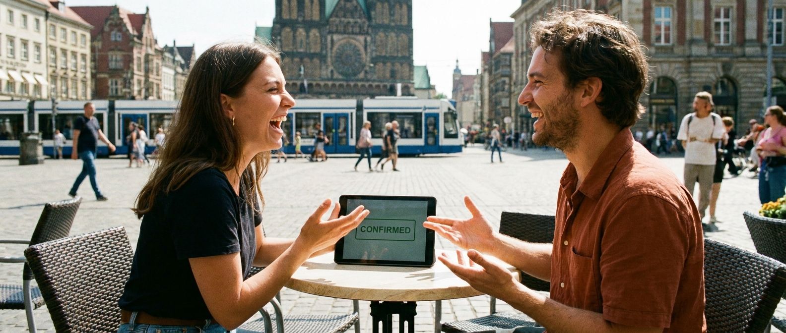A vibrant, candid photograph of two friends or colleagues laughing and gesturing animatedly as they look at a shared tablet or phone, having just confirmed exciting future plans. They are seated at a sunlit outdoor cafe in a bustling city, with a wide, horizontal composition capturing their joyful anticipation.