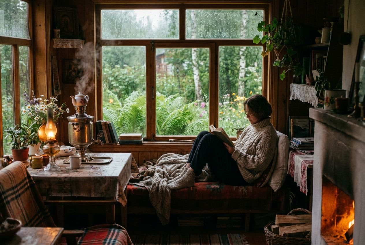 A cozy interior of a traditional Russian dacha, with warm, soft light illuminating a person quietly reading a book by a large window. Outside the window, heavy rain blurs the view of a lush, green garden, creating a strong visual contrast between the inviting warmth inside and the cool, wet conditions outside, composed for a 3:2 landscape frame.