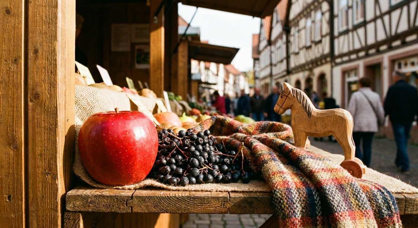 A close-up, eye-level photograph of a wooden market stall in a charming German town, laden with an assortment of local goods. In focus, a large, shiny red apple rests next to small, dark berries, a beautifully woven wool scarf, and a sturdy, practical wooden toy. Warm, inviting sunlight highlights the textures of the items, with a blurred background of a bustling street.