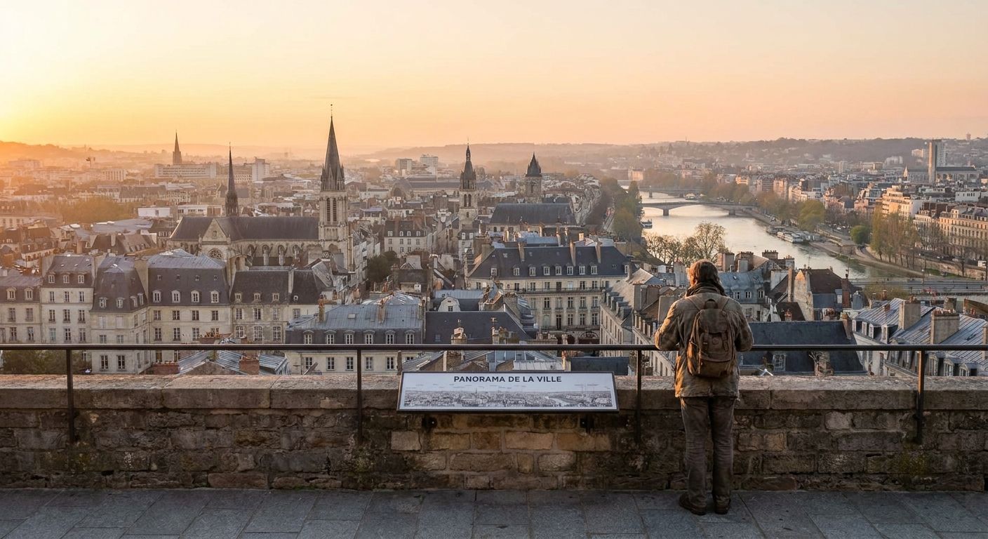 A person stands on a viewpoint overlooking a beautiful French city, their gaze fixed on the distant horizon as the first light of dawn breaks. The scene is filled with a sense of quiet determination and vast potential, with the city's elegant architecture stretching into the soft morning glow.