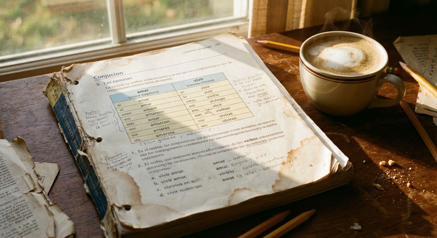 The image captures a warm, academic ambiance. A well-worn Spanish textbook, heavily annotated and showing signs of age with ripped pages and water stains, lies open on a wooden desk. The warm tones of the wood are accented by bright, natural light streaming in from a nearby window. A steaming mug of cappuccino sits to the side, suggesting a moment of study break. Several pencils are scattered around the book and mug, implying a workspace in use. The composition is intimate, focusing on the book and surrounding elements, giving a sense of focused study and reflection.