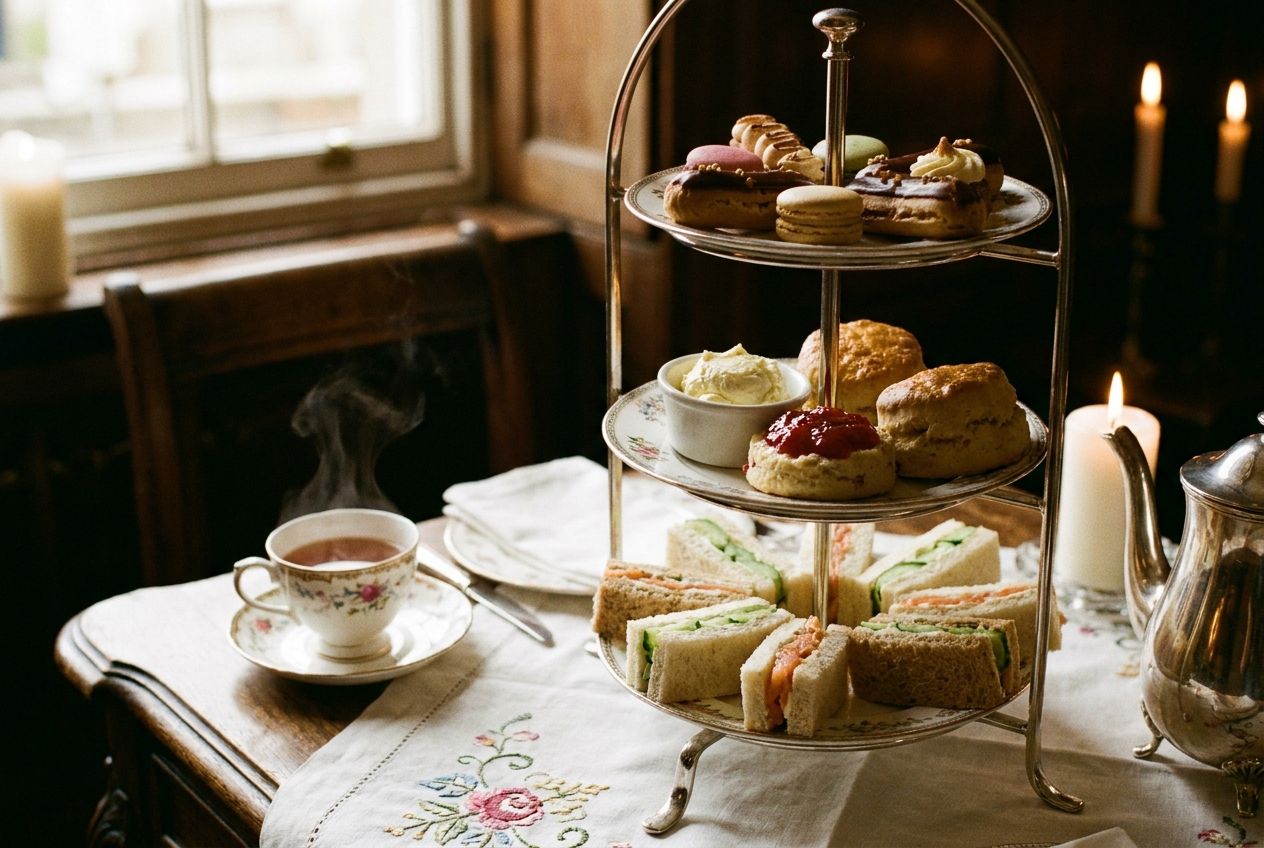A close-up, dramatic photograph of a classic British afternoon tea spread, featuring a tiered stand displaying delicate finger sandwiches, freshly baked scones with clotted cream and jam, and exquisite pastries. A steaming teacup and teapot are prominently featured on an elegant table, bathed in soft, warm light, conveying a sense of tradition and comfort in a 3:2 landscape frame.