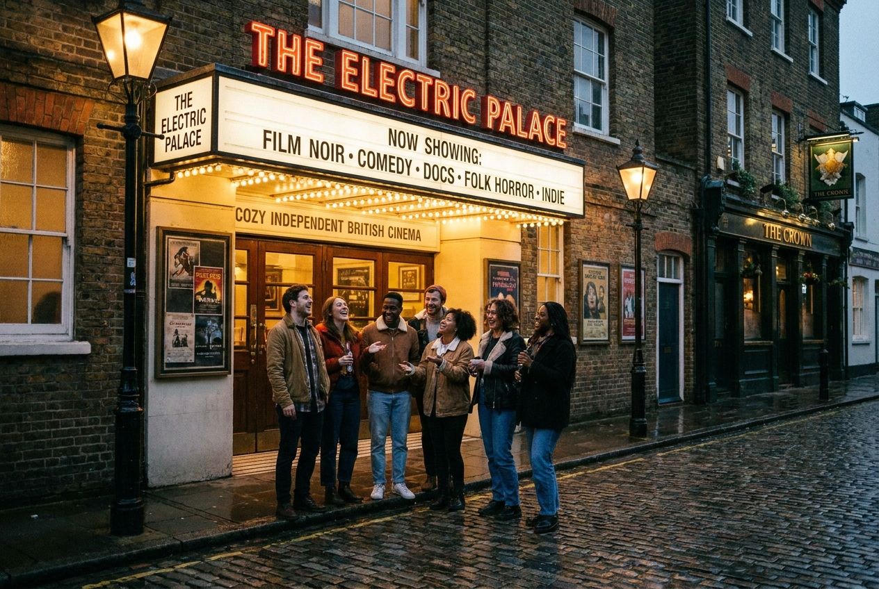 A wide 3:2 landscape photograph of a cozy, independent British cinema facade at dusk, with its marquee subtly displaying various film genres. A diverse group of friends stands outside, animatedly discussing a movie, their faces illuminated by the warm glow of the cinema lights and streetlamps.